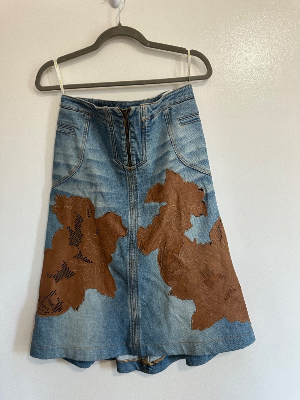 Vintage y2k Robert Cavalli Denim Mermaid Skirt with Leather Patch Detail - Picture 6 of 11